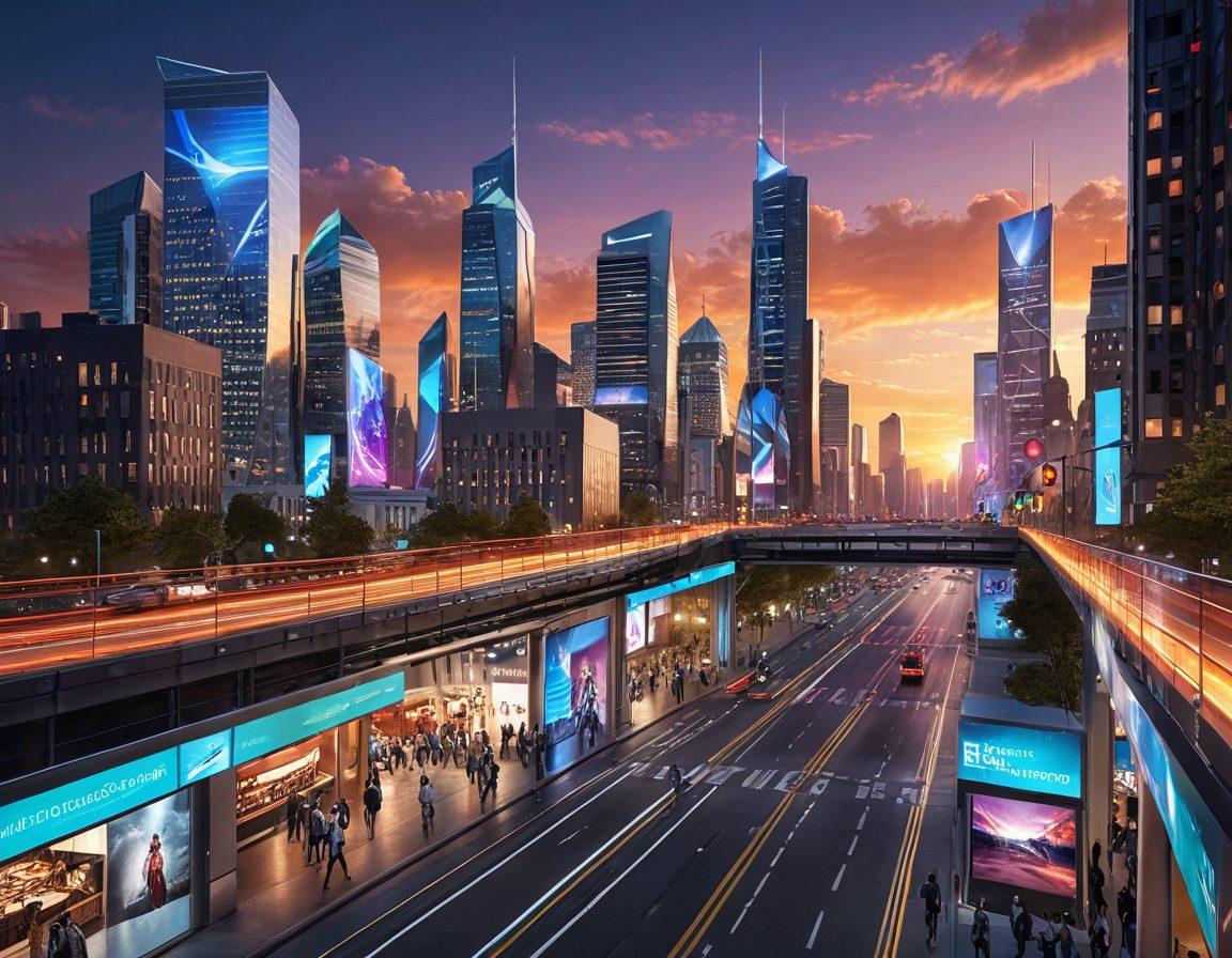 A dynamic cityscape showcasing diverse digital trends, with holographic displays, wearable technology, and interconnected devices floating throughout the scene. People of various backgrounds engaged with these technologies, blending seamlessly into their daily routines. The skyline features modern architecture, glowing with futuristic lights and a sunset backdrop. A visual narrative of connectivity and innovation in vibrant colors. super-realistic. vibrant colors. 3D.